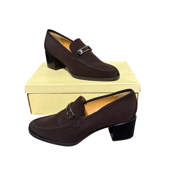 Enzo Angiolini Women Heel 9 Pump Brown Taffeta Chancelor Loafer Block Y2K - Picture 1 of 8